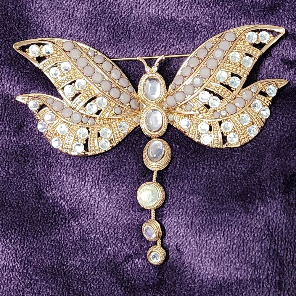 Lavender Purple Chico's Gold Tone Dragonfly Dangle Rhinestone/Stone Pendant 3"H